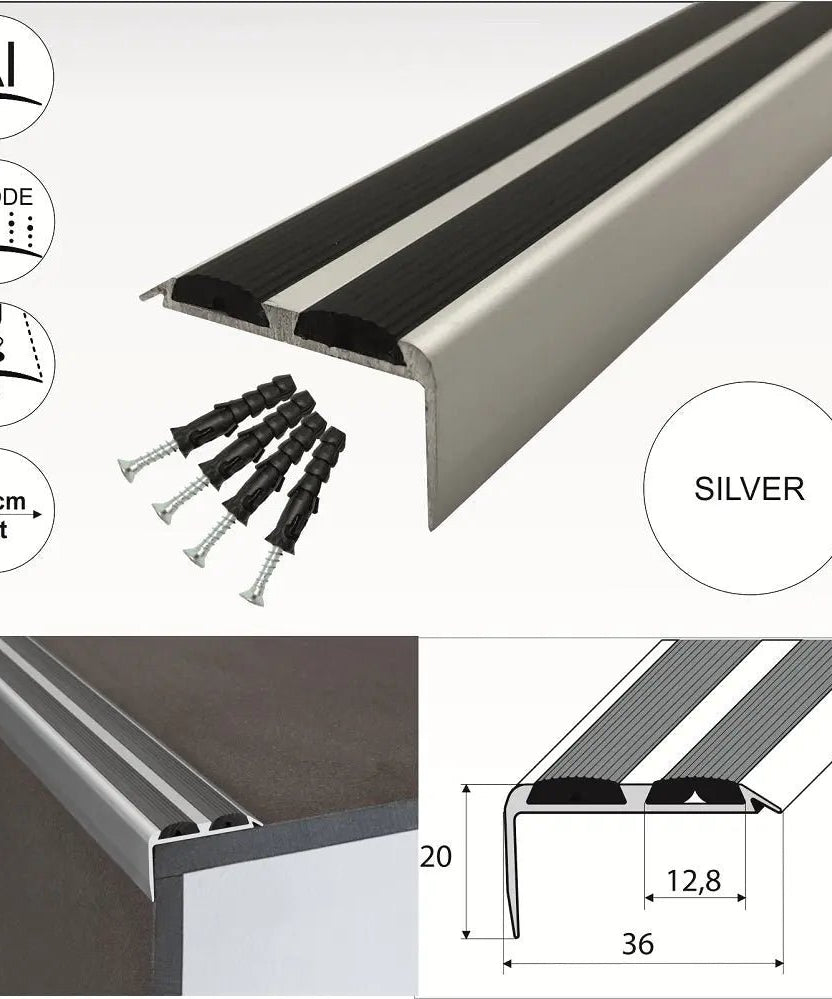 15 Pack Silver A37 0.9m x 36mm x 20mm Screw Fit Anodised Aluminium Non Slip Stair Nosing With Black Rubber - Company